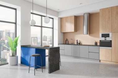 Bar adasıyla beyaz ve ahşap mutfak manzarası. Ahşap ve gri mutfak dolabında lavabo, fırın ve soba var. Kuala Lumpur gökdelenlerinin panoramik penceresi. 3B görüntüleme