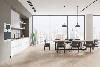 Geniş, modern mutfak içi, gösterişli dolaplar, büyük bir yemek masası ve geniş pencerelerden manzaralı bir şehir manzarası. 3B Hazırlama