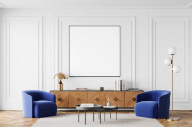 Klasik beyaz ev oturma odası. Mavi koltuklu, süslemeli büfe, halıda kahve masası. Tuvalin posterini hazırla. Rahat mobilyaları olan lüks bir dinlenme yeri. 3B görüntüleme