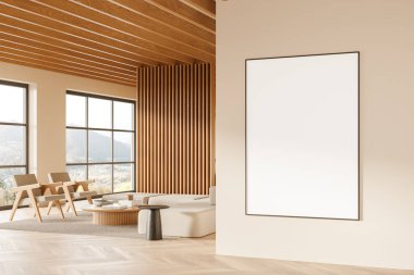 Modern bir oturma odasının duvarında ahşap aksanlı ve geniş pencereli boş çerçeveli bir poster modeli. Bir iç tasarım şablonunun 3B yorumlama kavramı