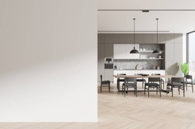 Şık bir ev mutfağı. Yemek masası, sandalyeler, ahşap döşeme. Mutfak gereçleri ve bitkilerle dolu bir mutfak dolabı. Gökdelenlerin panoramik penceresi. Boş duvar bölmesini düzenle. 3B görüntüleme