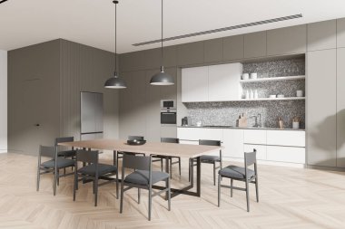 Gri ev mutfağının iç mekan manzarası yemek masası ve sandalyeler, raflı dolap ve ahşap zemin üzerinde buzdolabı. Yemek pişirme, yemek pişirme ve görünmez kapı. 3B görüntüleme