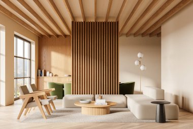 Bej renkli oturma odasının içinde kanepe ve koltuklar, halıda kahve masası. Yemek masası ve oda ayırıcısının arkasındaki sandalyeler. Panoramik pencereli toplantı ve yemek alanı. 3B görüntüleme