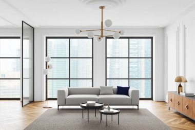 Klasik bir beyaz ev oturma odası. Kanepesi, halı üzerinde kahve masası, ahşap zemin. Camdan bölme, büfe ve gökdelenlerin panoramik penceresi. 3B görüntüleme