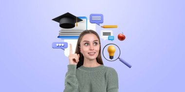 Inspired woman student finger point at colorful cartoon education icons, graduation cap, books and lightbulb on purple background. Concept of future career, prospective and plan clipart