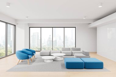 Şehir manzarası sunan geniş pencereli modern bekleme odası. Modaya uygun mavi ve gri koltuklar, parlak ve açık alan. Çağdaş iç tasarım kavramı. 3B Hazırlama