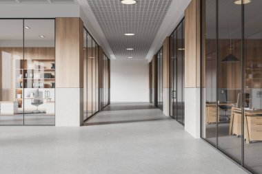 Minimalist ofis cam odaları, ortak çalışma alanı, toplantı ve ceo alanı. İş koridoru, mobilyalı ve teknolojili işyeri. 3B görüntüleme