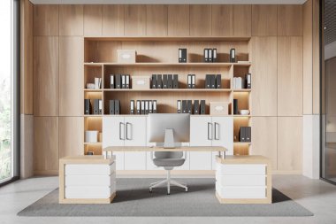 İçi dosya dolu ahşap raflarla dolu minimalist ofis içi ve merkezinde tarafsız bir arkaplana karşı kurulmuş, temiz ve modern bir masa. Organize çalışma alanı kavramı. 3B Hazırlama