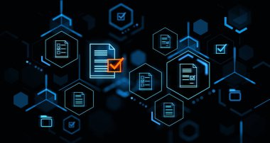 Parlak belge yönetim sistemi hologram zinciri, dosya simgeleri bağlandı ve işaretler kontrol edildi. Denetim, elektronik sertifika ve analiz kavramı. 3B resimleme