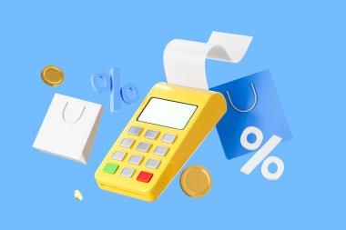 3D rendering of a yellow POS terminal with receipt, white and blue shopping bags, gold coins, and percentage symbols on a light blue background. Concept of shopping and sales clipart