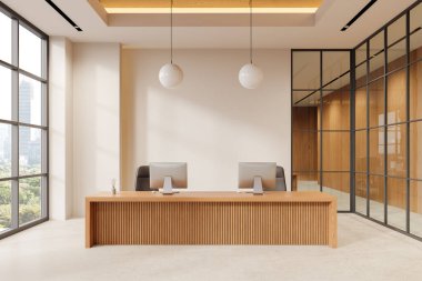 Ahşap dizaynlı, geniş pencereli ve minimalist dekorlu modern bir ofiste resepsiyon masası. Masada iki bilgisayar var. Parlak ve profesyonel çalışma alanı. 3B Hazırlama