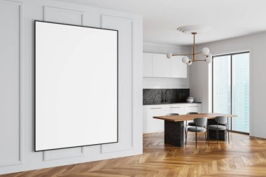 Modern bir mutfakta ahşap döşemesi ve modern mobilyası olan boş çerçeveli bir poster modeli. İç tasarım kavramı. 3B Hazırlama