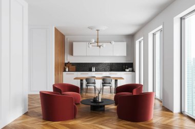 Dört kırmızı koltuk ve kahve masası, sandalyeli ve dolaplı yemek masası, ahşap zemin. Gökdelenlerin panoramik penceresi. 3B görüntüleme