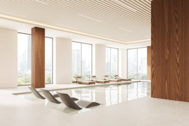 Parlak şezlonglu, ahşap aksanlı ve şehir manzarasına bakan geniş pencereli lüks bir kapalı yüzme havuzu. Modern tasarım, rahatlatıcı atmosfer. 3B Hazırlama