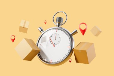 Büyük metalik kronometrenin üzerinde uçan karton kutular, bej arka plan. Hızlı teslimat, online siparişler, alışveriş ve paket konsepti. 3B resimleme