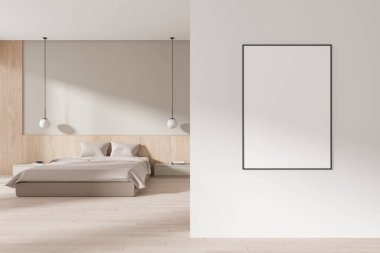 İskandinav otel odasının iç yatağı ve dekoratif komodinli, lambalı ve parke zeminli. Minimalist uyku odası ve duvar bölmesindeki tuval posterleri. 3B görüntüleme