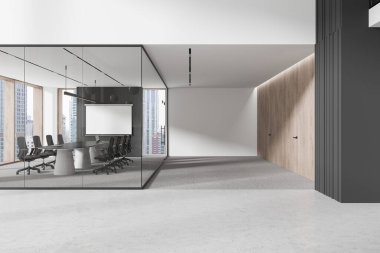 İç taraftaki koltuklar ve yemek odaları görünmez ahşap kapılı ofis koridorları. Konferans alanı ve projeksiyon ekranı. Bangkok gökdelenlerinin panoramik penceresi. 3B görüntüleme