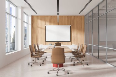 Sandalyeler ve masa ile cam toplantı, dekorasyonlu çekmece. Ofis konferans alanı ve projeksiyon ekranı. New York gökdelenlerinin panoramik penceresi. 3B görüntüleme