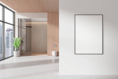 Duş ve cam bölmeli modern ev banyosu, duvara asılmış tuvalet ve aydınlık beton zemin. Bangkok gökdelenlerinin panoramik penceresi. Bölümdeki tuval posterini taklit et. 3B görüntüleme