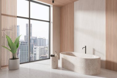 Ev banyosu manzaralı taş küvet, bitki ve beton zeminde banyo aksesuarları olan masa. Bangkok gökdelenlerinin panoramik penceresi. 3B görüntüleme