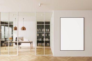 Modern ofis içi. Duvarında boş çerçeveli bir poster var. Bilgisayarı, kitaplıkları ve arka planda kolye ışıkları olan görünür bir masa. 3B Hazırlama