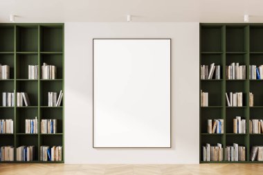 Kitaplarla dolu iki yeşil kitaplık arasında duvarda boş bir poster asılı modern ofis içi. Minimalist tasarım, parlak arka plan. 3B Hazırlama