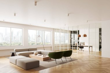 Ofis manzarası kanepe ve sehpalı koltuklar. Bilgisayarı ve rafı olan cam danışma odası. Bangkok gökdelenlerinin panoramik penceresi. 3B görüntüleme