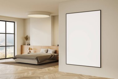 Otel odasının iç yatağının köşesi, dekoratif ahşap çekmece, ahşap döşeme halısı. Bölümdeki tuval posterini taklit et. Kırsal kesimde panoramik pencere. 3B görüntüleme