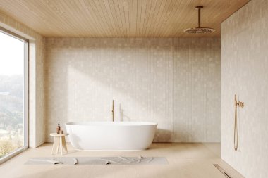 Bej rengi fayanslı otel banyosu, banyo küveti, cam duş, aksesuar ve halı sehpası. Kırsal kesimde panoramik pencereli banyo alanı. 3B görüntüleme