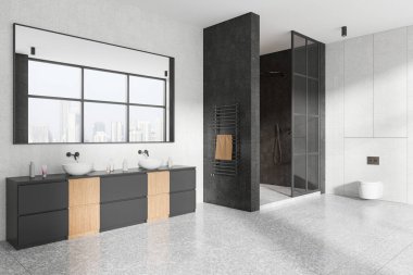 Lüks ev banyosu manzarası çift lavabo, cam duş, duvara asılı tuvalet ve havlu korkuluğu. Döşemesi beton olan şık bir banyo köşesi. 3B görüntüleme