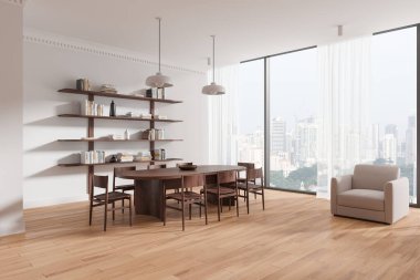 Beyaz ev oturma odasının köşesi ahşap yemek masası ve kanepe, sanat dekorasyonlu raflar. Singapur gökdelenlerinde tül olan panoramik pencere. 3B görüntüleme