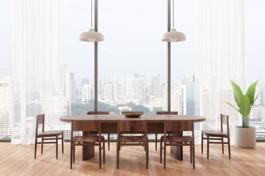 Ahşap yemek masası, sandalyeler ve ahşap zemini olan şık bir oturma odası. Bitkilerle yemek yemek ya da buluşma yeri. Singapur gökdelenlerinde tül olan panoramik pencere. 3B görüntüleme