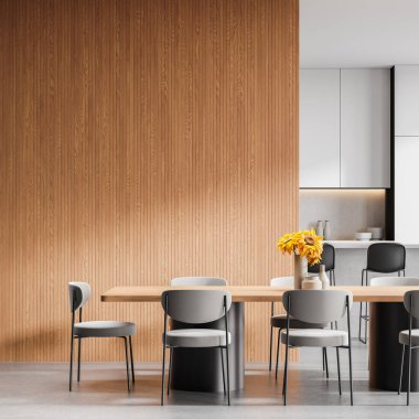 Yemek masası, sandalyeler, bar tezgahı, lavabo ve mutfak gereçleri olan şık bir mutfak. Lüks yemek ve yemek alanı. Boş kopya uzay duvarı bölümü. 3B görüntüleme