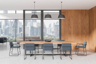 Lüks oturma odası. Yemek masası, sandalyeler, cam bölme. Koltuğu ve koltuğu olan rahat bir yer. Bangkok gökdelenlerinin panoramik penceresi. 3B görüntüleme