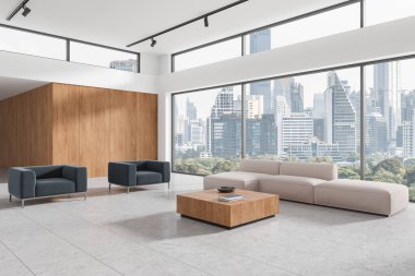 Oturma odasının köşesindeki kanepe ve iki koltuk, Bangkok 'ta dekorasyon ve panoramik pencereli kahve masası. Beyaz, ahşap, rahat mobilyaları olan bir salon. 3B görüntüleme