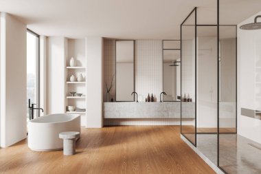 Sıcak otel banyosu, banyo küveti, cam duş ve aksesuarlı lavabo. Kırsal kesimde panoramik pencere. Modern dairede minimalist banyo alanı. 3B görüntüleme