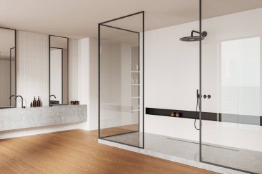 Ev banyosu manzarası çift lavabo, ahşap zemin. Duş başlıklı cam duş başlığı takılı. Lüks dairede minimalist banyo alanı. 3B görüntüleme