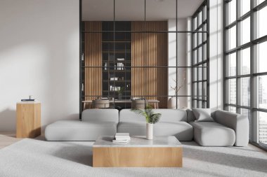 Cam dinlenme alanı, kanepe ve sehpası olan şık bir oturma odası. Yemek masası, sandalyeler, süslemeli kitaplık. Gökdelenlerin panoramik penceresi. 3B görüntüleme