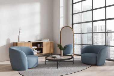 İki mavi koltuk, sehpa ve süslemeli büfe ile ev oturma odasının köşesi. Ayna ile rahatla. Gökdelenlerin panoramik penceresi. 3B görüntüleme