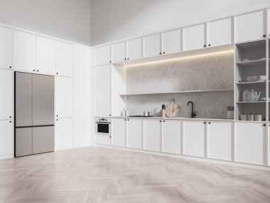 Klasik beyaz tasarımlı ev mutfağı manzarası. Lavabo, soba, mutfak gereçleri, ahşap döşeme. Duvar monte edilmiş buzdolabı olan şık beyaz yemek alanı. 3B görüntüleme
