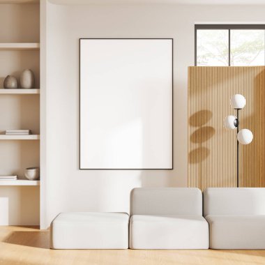 Beyaz ev oturma odasındaki kanepe, ahşap zeminde süslü sanat süslemeleri olan raf. Tropik bölgelerde panoramik pencere ve gizlilik ekranı. Boş tuval posteri yap. 3B görüntüleme