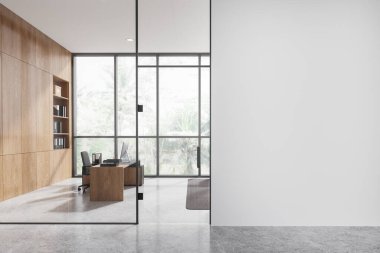 Ahşap iç mekan, masa başında bilgisayar, beton zeminde koltuk. Raflı ve panoramik pencereli cam danışmanlığı. Model boş duvar bölmesi. 3B görüntüleme