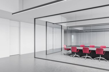Cam konferansının köşesinde kırmızı sandalyeler ve tahta, beton zemin. Pazarlık için kurumsal mobilyaları olan minimalist kapalı iş odası. 3B görüntüleme