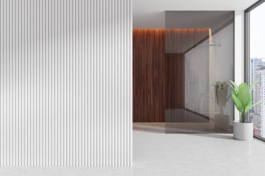 Şık ev banyosu, cam duş, açık beton döşeme. Modern dairede banyo alanı. Bangkok gökdelenlerinin panoramik penceresi. Boş kopya uzay duvarı bölümü. 3B görüntüleme