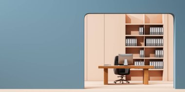Masasında bilgisayar, koltuğu ve klasörlü rafı olan bej ve mavi ofis içi. Boş duvar bölümüyle modern danışmanlık çalışma alanı. 3B resimleme