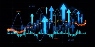 Büyümeyi gösteren çeşitli mavi oklarla dinamik bir finansal tablo, koyu arkaplanda çizgiler, çizgiler ve noktalar var. Finansal analiz kavramı. 3B Hazırlama