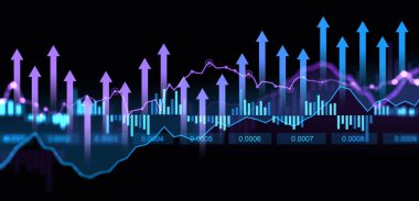 Finansal grafik, yukarı doğru oklar, neon tarzı, koyu arkaplan. Ekonomik büyüme kavramı ve pozitif pazar eğilimleri. 3B Hazırlama