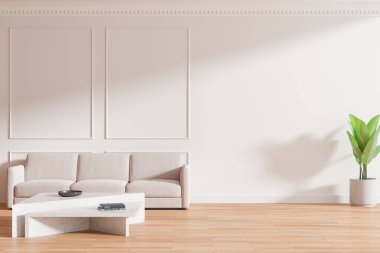 Minimalist oturma odasının içinde bej bir kanepe, geometrik beyaz kahve masası ve ahşap zeminde saksı yeşili bitkiler var. Modern dekor. 3B Hazırlama