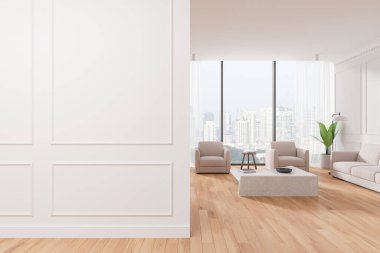 Modern oturma odası, ahşap döşemeleri, bej mobilyaları, geniş pencereleri ve modelleme için boş beyaz bir duvarı var. 3B Hazırlama