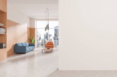 Koltuğu, koltuğu, sehpası, rafı, beton zemini olan iş lobisi. New York 'ta panoramik pencereli bekleme ya da dinlenme alanı. Boş duvar bölmesini düzenle. 3B görüntüleme